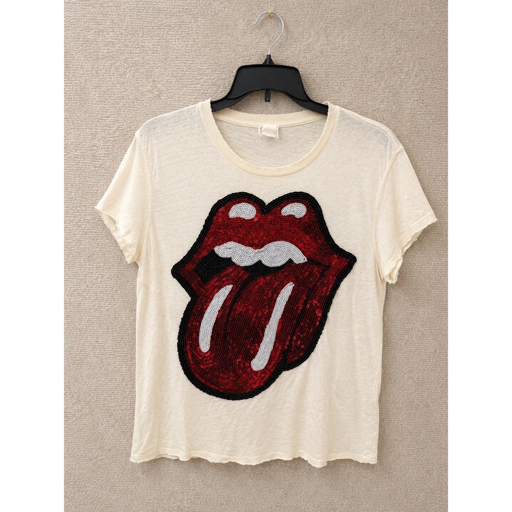 MadeWorn Women T-Shirt S Ivory Rolling Stones Sequin Tongue Distressed Graphic